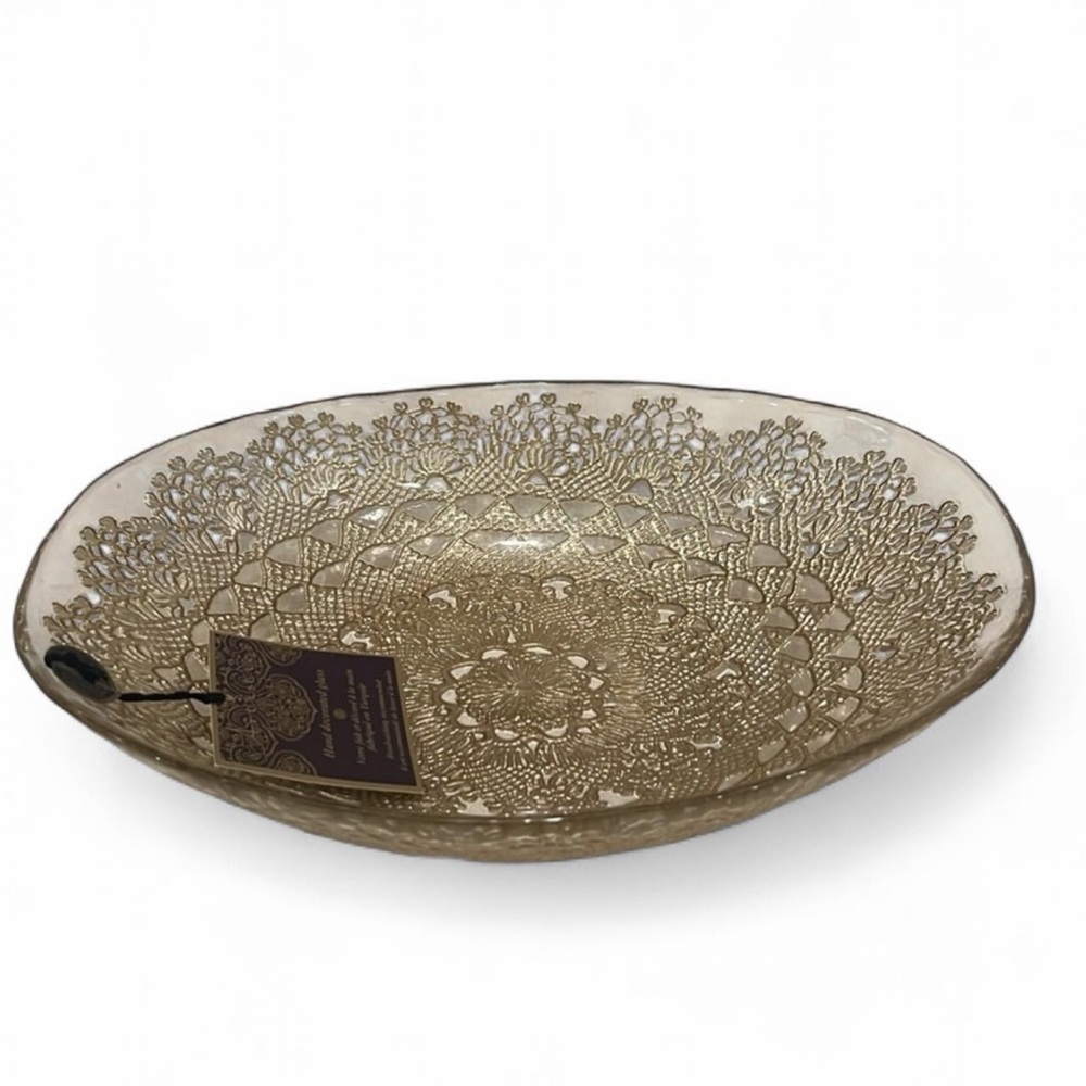 Artistic Accents Turkish Gold Lace Glass Oval Serving Bowl NWT
